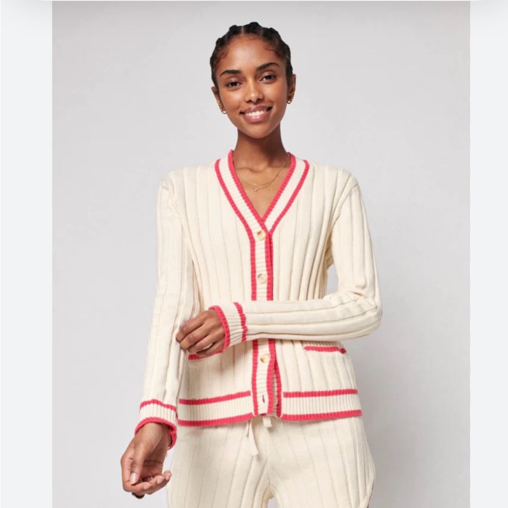 Faherty Cream and Pink Women's cardigan collegiate style Sweater